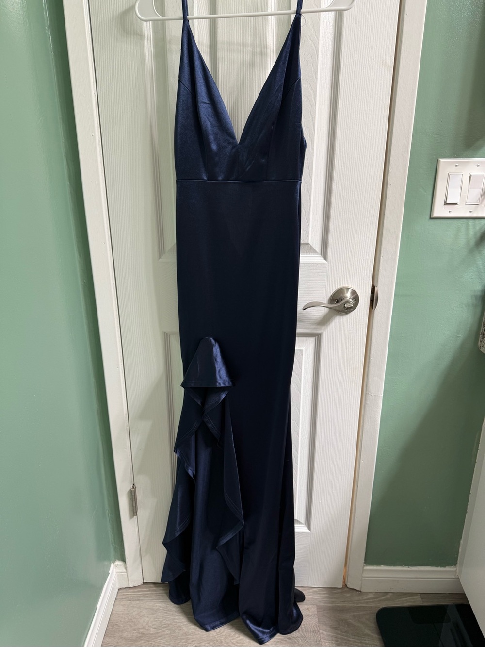 Fashion Nova Navy Satin V-Neck Ruffle Gown